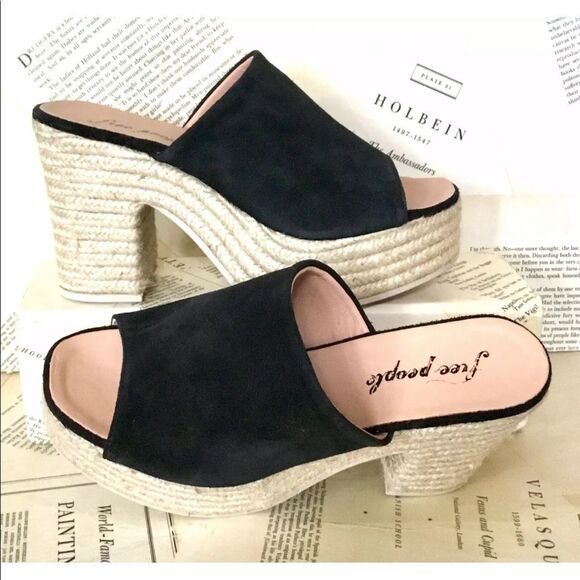 Free People Platform Sandal Black Suede Mule Heel - Picture 2 of 8